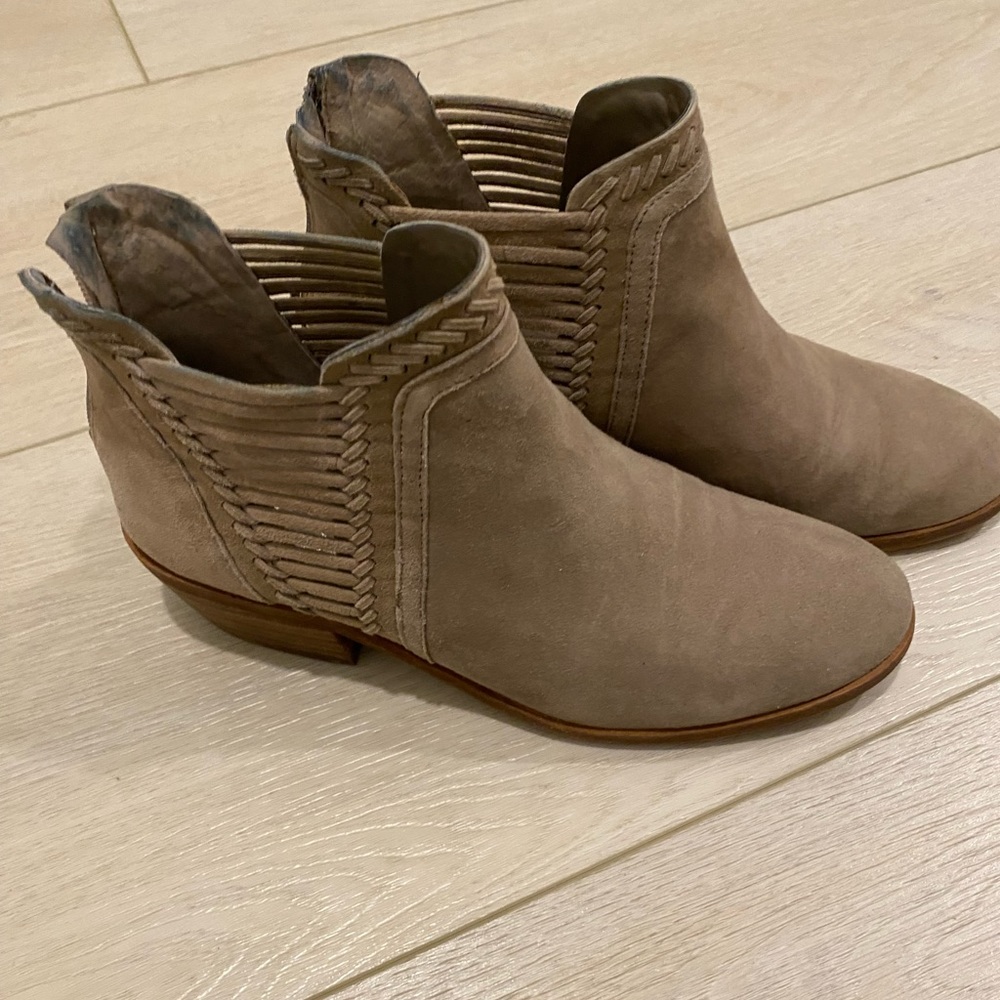 Vince Camuto Gray Tan Bootie Suede Stacked Heel Boots